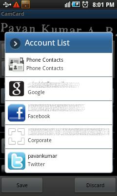 Save scanned business card into phone accounts