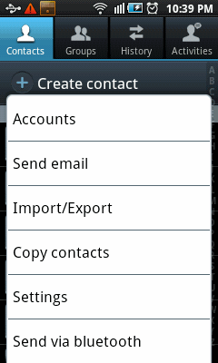 Android phone contact import export menu