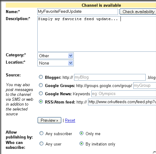 Settings for feed updates channel