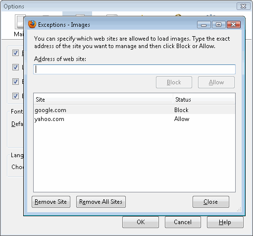 Exceptions for blocking or unblocking images on firefox