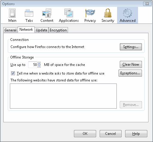 Firefox network connection settings