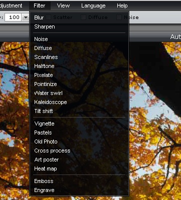 filter options available on free image editor