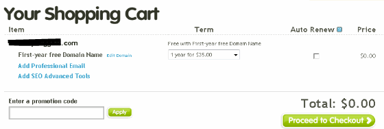 checkout for registering a free .com domain