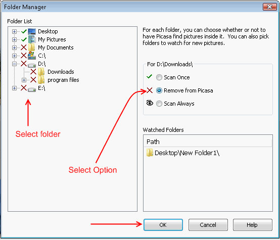 Remove multiple folders from Picasa