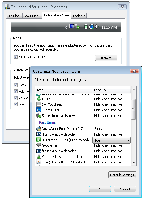 task manager setting hide torrent client