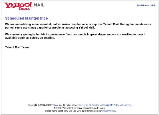 Yahoo mail down - scheduled maintenance
