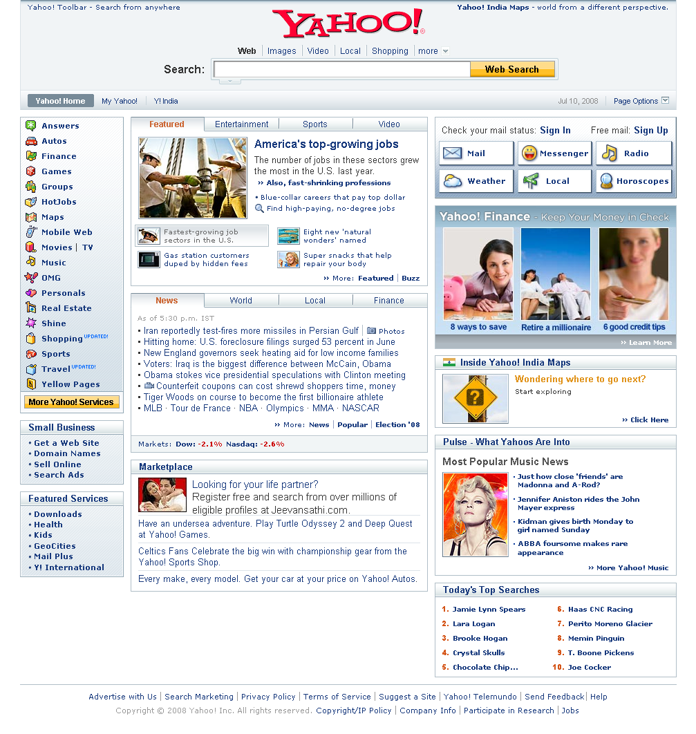 Yahoo Home page - captured as a whole webpage